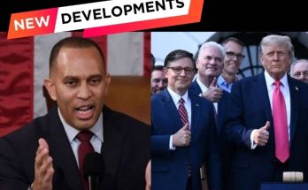 Split image showing a man speaking at a podium on the left and a group of men giving