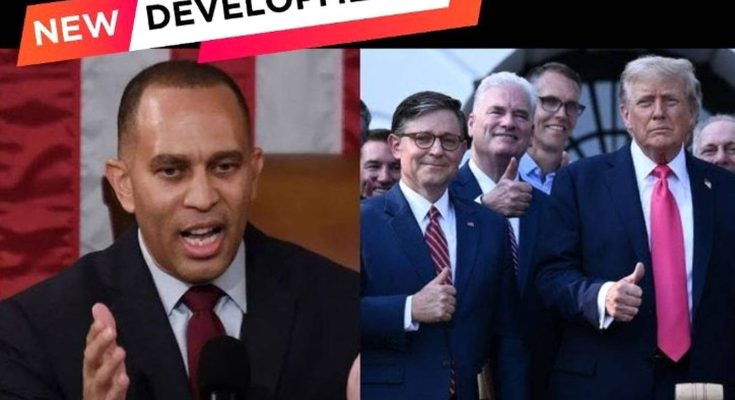Split image showing a man speaking at a podium on the left and a group of men giving
