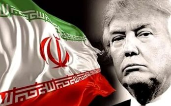 A black and white portrait of Donald Trump next to a waving Iranian flag