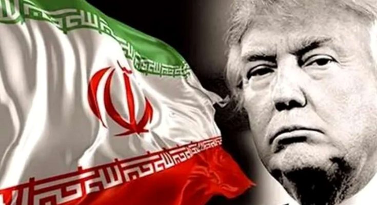 A black and white portrait of Donald Trump next to a waving Iranian flag