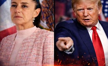 Split-screen image showing Claudia Sheinbaum on the left in front of a Mexican flag, and