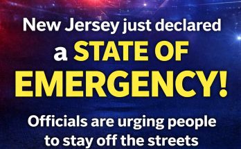 Text graphic announcing New Jersey declared a state of emergency, with officials urging