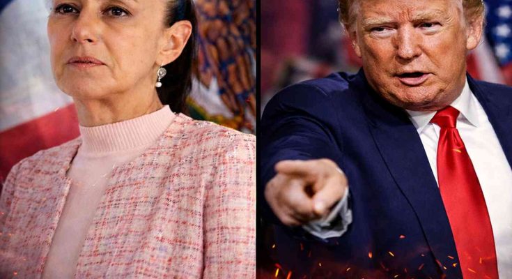 Split-screen image showing Claudia Sheinbaum on the left in front of a Mexican flag, and