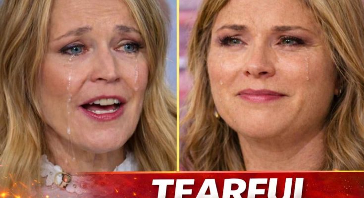 Split screen of a blonde woman crying with tears streaming down her face, with text