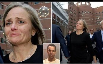 A split image showing a woman with gray-streaked hair wearing a black dress and silver