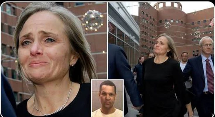 A split image showing a woman with gray-streaked hair wearing a black dress and silver