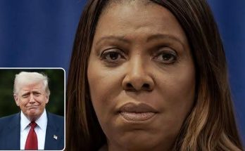 A close-up of a woman with a serious expression, with a smaller inset image of a man in