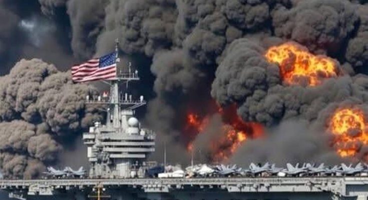 Aircraft carrier with American flag on fire with thick black smoke and orange flames