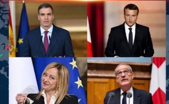 Four political leaders standing at podiums with national and European Union flags behind