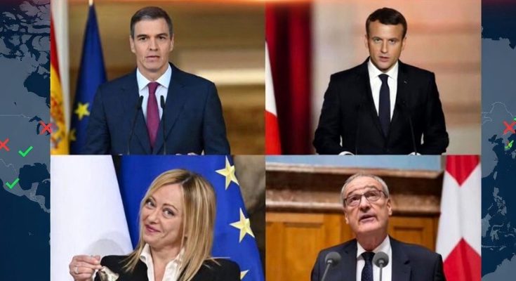 Four political leaders standing at podiums with national and European Union flags behind